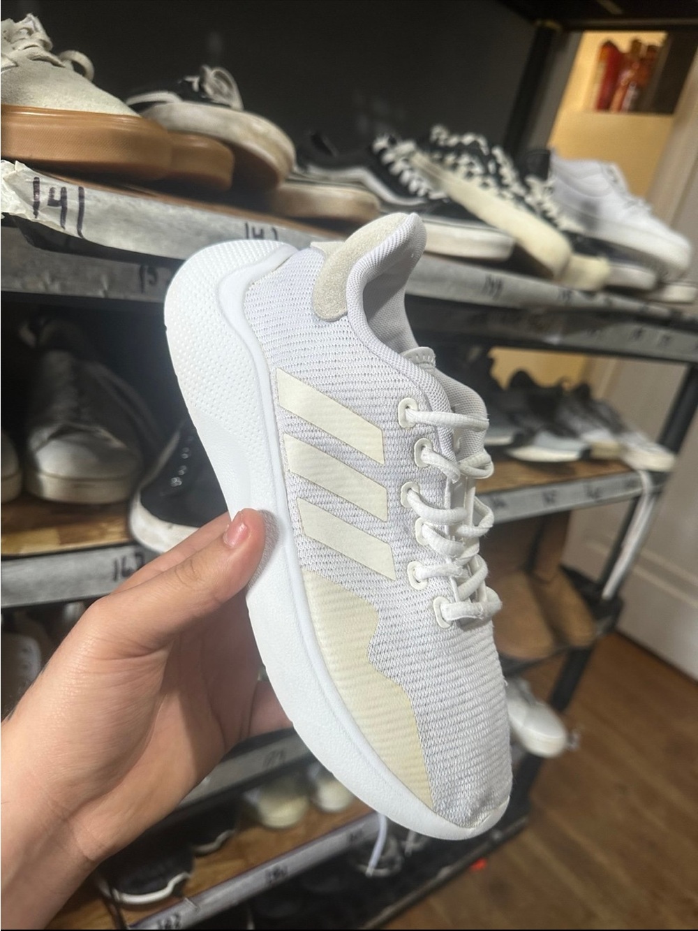 adidas White Knit Sneaker with Cream Stripe Accents